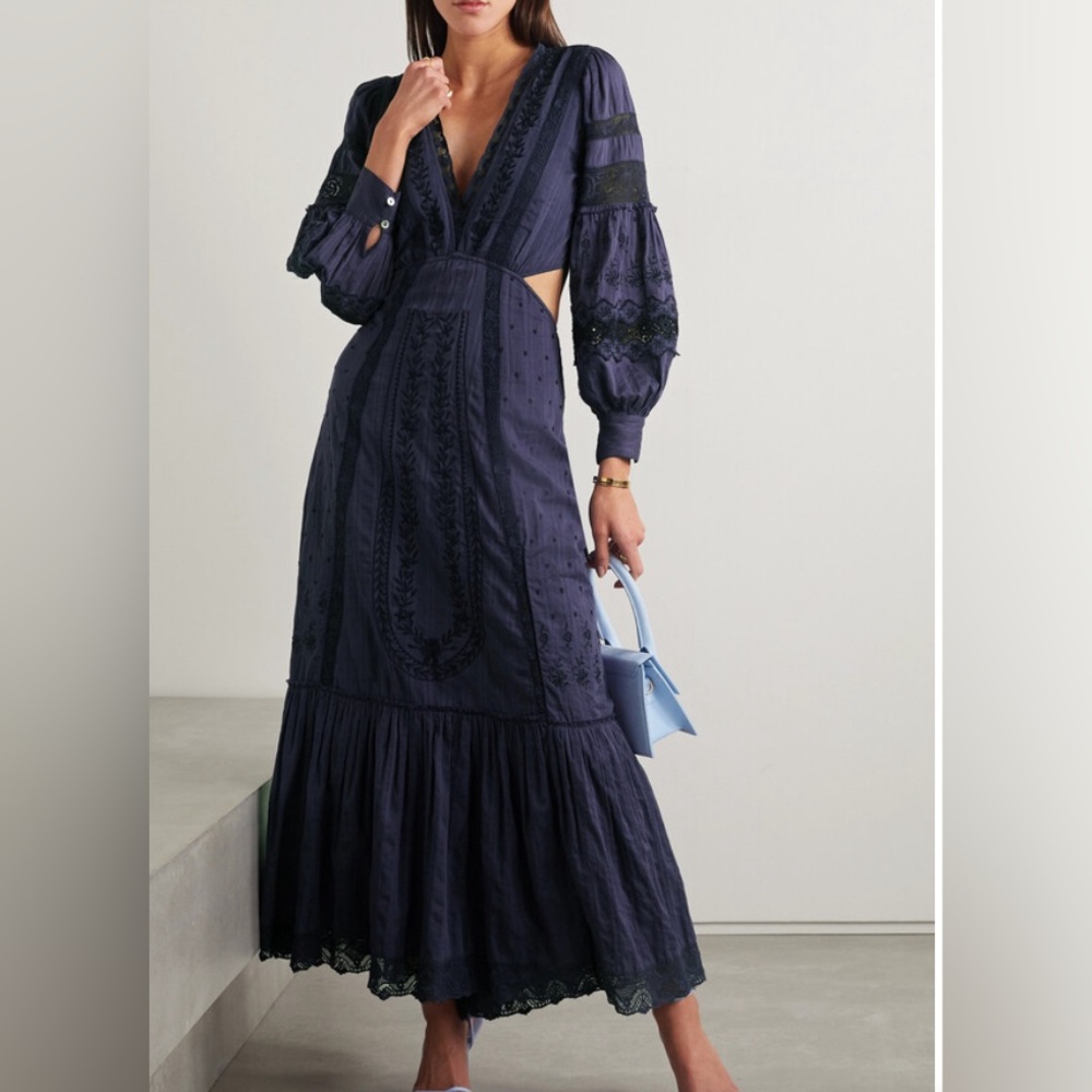 LoveShackFancy Aneesha Cutout Embroidered Cotton-voile Maxi Dress Blue XS